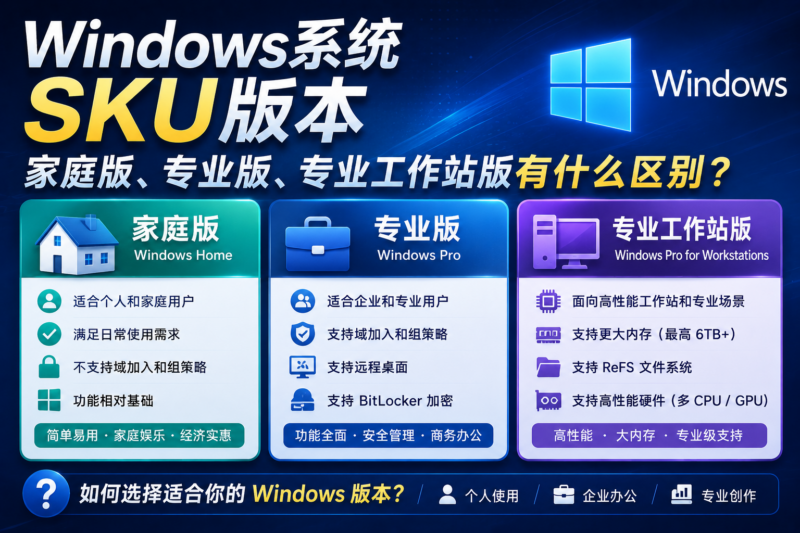 Windows系统SKU版本家庭版、专业版、专业工作站版有什么区别?-宇程系统站